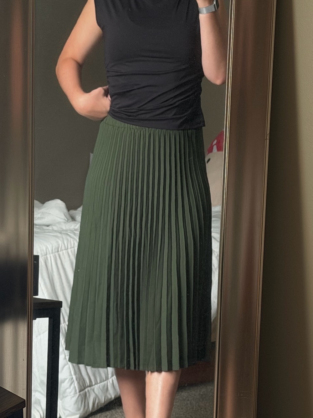 Olive Green Pleated Midi Skirt – High Waisted A-Line